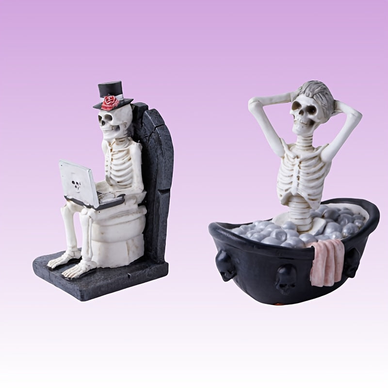 2pcs Gothic Resin Skull Girl & Skeleton Observer Figurines - Sitting & Standing Pose Decor with Black Dress, Glasses & Red Top Hat - Indoor/Outdoor Halloween, Christmas, Easter, Mummy's Tomb Party Decorations (Durable Resin O