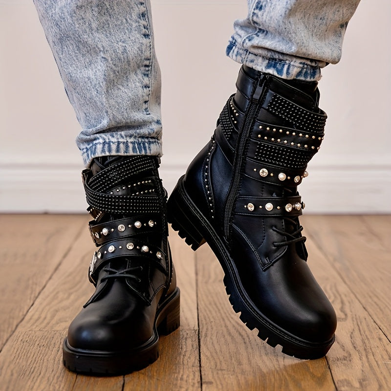 Women's Gothic Punk Motorcycle Boots - Lace-Up & Chain Zipper Closure, Thick Platform Sole with Metallic Studs, Chunky Mid-Heel, Faux Cover, All-Season Casual Ankle Boots (Black), Motorcycle Style Boots | Decorative Zipper Bo