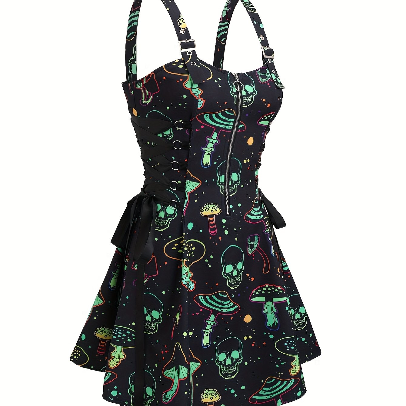 Women'S Casual Skull and Mushroom Print Zipper Dress with Strapless Collar and Tie Detail, 100% Polyester, All-Season Slip, Woven Fabric, 190 g/m² - Perfect for Adult