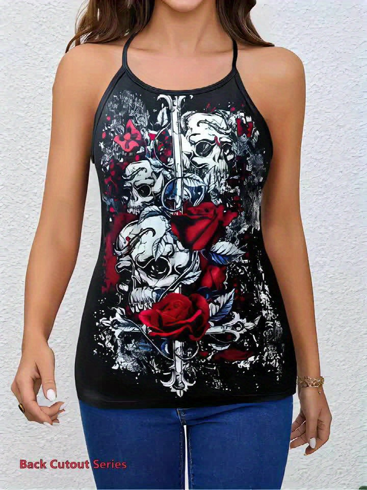 [Halloween] Women's Gothic Crossed Skull & Roses Backless T-Shirt - Edgy Halloween Party Top with Crisscross Strap, Non-See-Through Fabric for Costume Events, Everyday Gothic Outfits - Year-Round Dark Aesthetic Tee, Goth T Sh