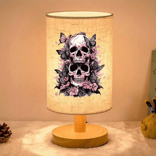 [Skull Table Lamp] Nordic Wooden Base Skull & Floral Print Table Lamp | LED Light, USB Powered, Push Button Control, Ideal for Bedroom, Office, or Home Decor, Gift Item