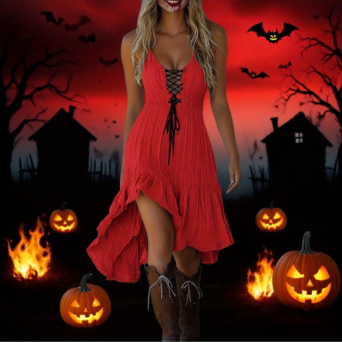 MSGWEEEG Women'S Halloween Dress - Vintage Cowgirl Midi Dress, Mustard Yellow party Outfit, Sleeveless Ruffled Hem, Easy-to-Wear Halloween Costume for Women, Halloween Party Attire, Festive Attire, Western Style, Comfortable