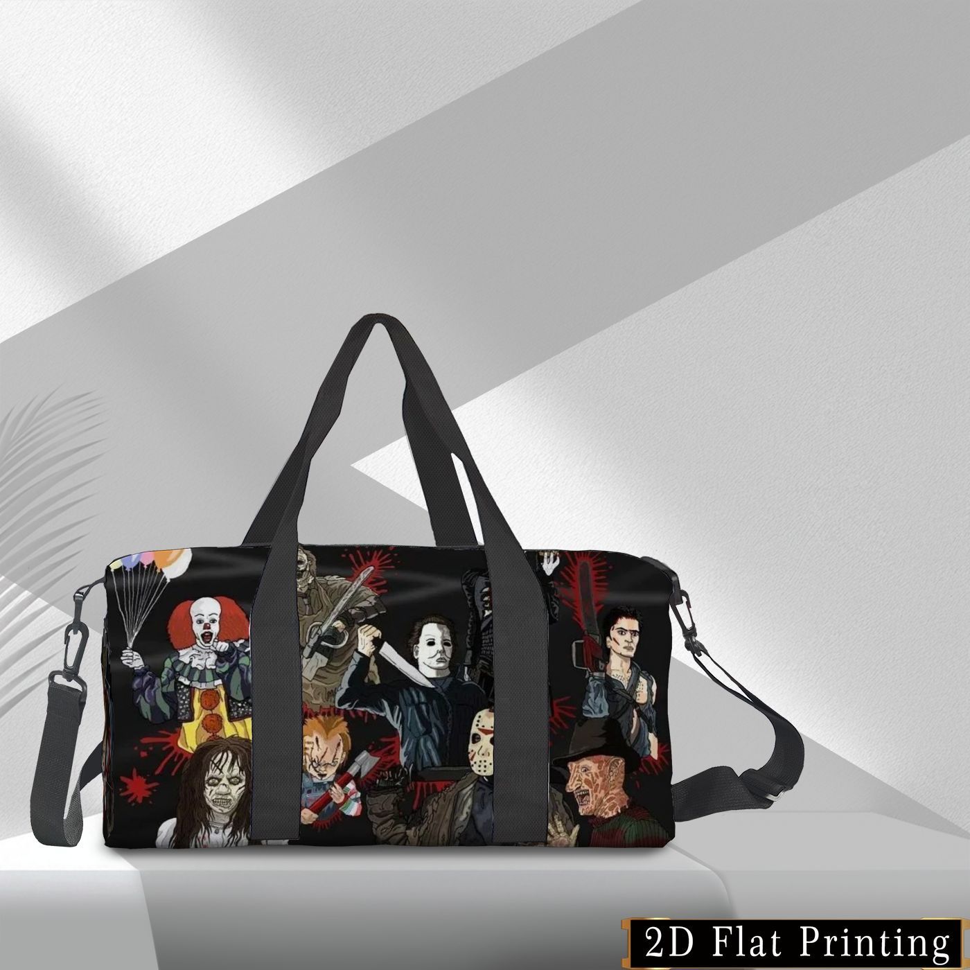 Large Capacity Travel Organizer Bag - Durable, Easy-to-Carry Luggage with 2D Flat Print Design for Sports & Airline Check-in, Multi-Functional Hand Washable or Dry Cleanable Storage Pouch Featuring Horror Movie Characters, 2D