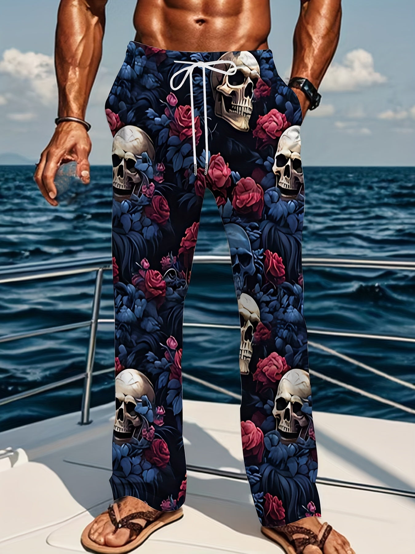 [Skull Print Joggers] Black Golden Skulls Men's Loose Fit Joggers | Comfortable Retro Style, Straight Leg, Drawstring Waist, Casual, Fall & Winter Comfort Wear