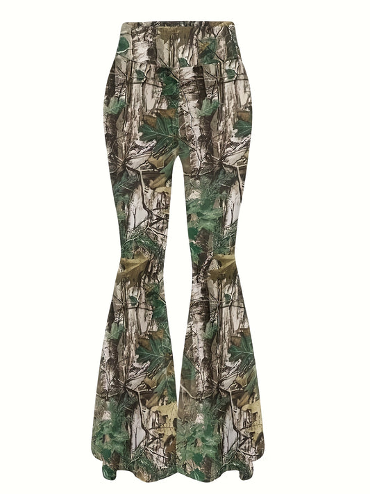 Women'S Elegant Jungle Camouflage Flare Leg Pants, 100% Polyester Knit Fabric, Medium Stretch, All-Season, 200g/m² Weight, Random Print Design