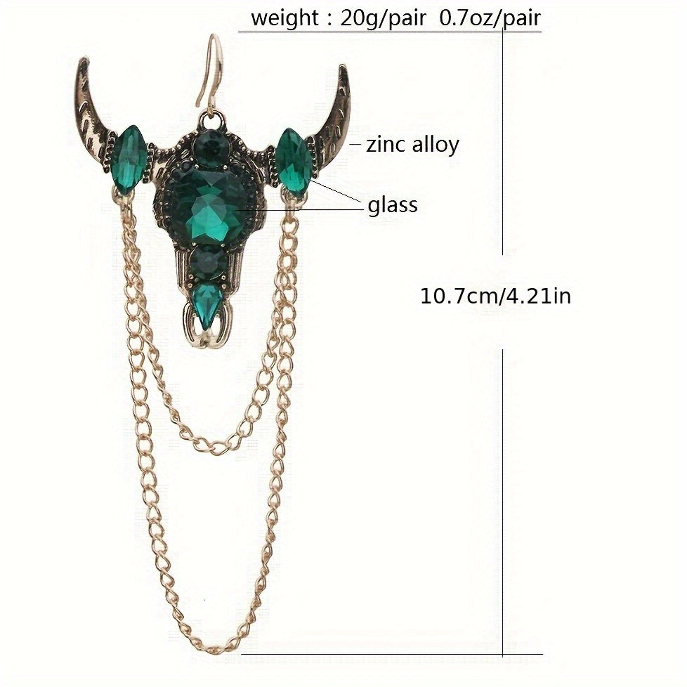 Gothic Western Vintage Tassel Rhinestone Bull Head Long Earrings for Women's Party Casual Fashion Jewelry
