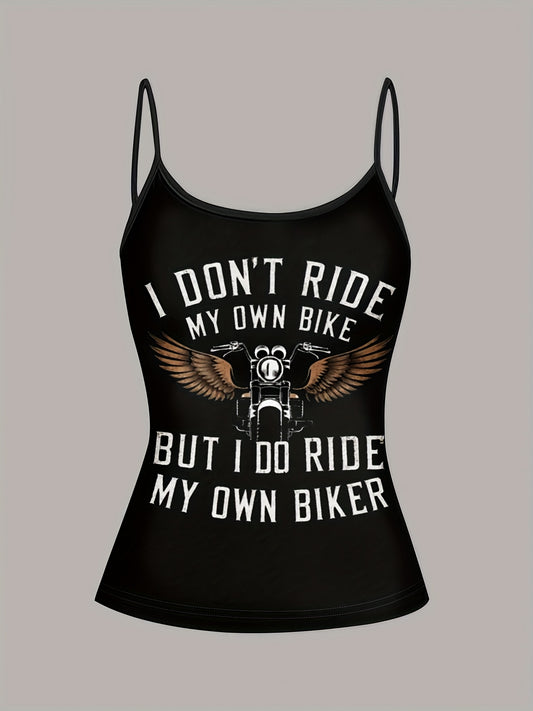 EZwear Women'S Retro Motorcycle & Maple Leaf Print Cami Top - Sexy Sleeveless Summer Tank with "I Don't Ride My Own Bike" Graphic, Black Polyester, Perfect for Casual or Motorcycle Enthusiasts, Motorcycle Enthusiast Gear | Ed