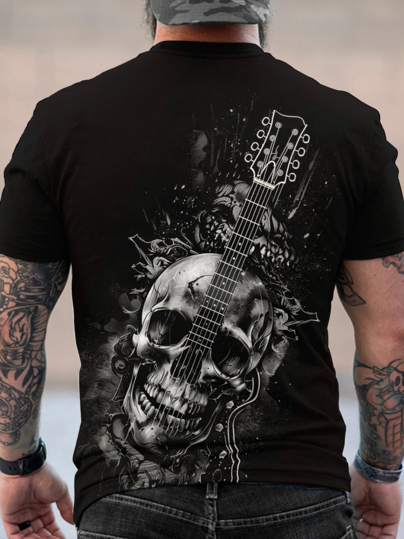 [RED SPY Rock T-Shirt] RED SPY Men's Rock Graphic T-Shirt - Black & White Skull Guitar Tee, Regular Fit Short Sleeve, Machine Washable, Hot Transfer Print, Concerts, Casual, Weekend, Edgy, Comfortable, Printed, Young Adults