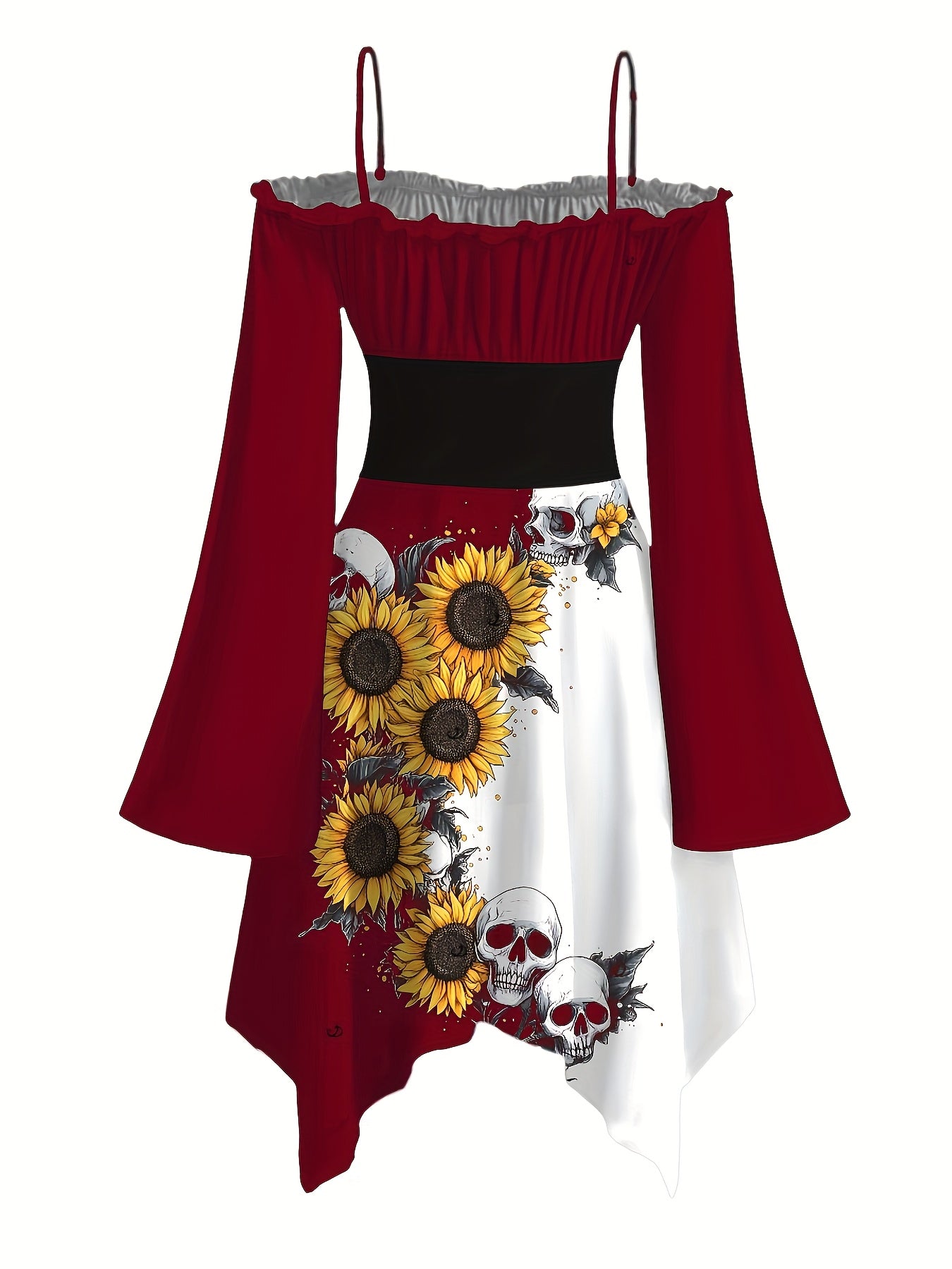 Women's Gothic Victorian-Inspired Sunflower & Skull Print Maxi Dress - Lace-Up Front with Ruffled Off-Shoulder Spaghetti Strap, Asymmetrical Hem & Bell Sleeves, Machine Washable A-Line Silhouette for Halloween, Themed Parties