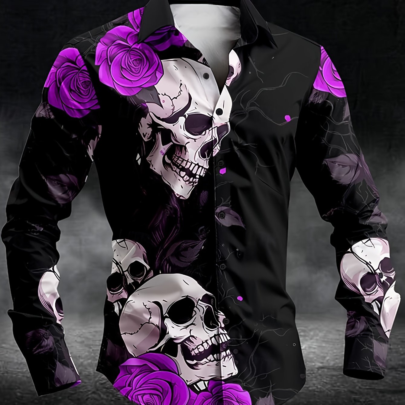 Men'S Gothic Skull & Rose Print Long Sleeve Shirt - Black with White & Blue Gothic Design, Pointed Collar Button Front, Machine Washable All-Season Casual & Formal Wear, Bold Statement Shirt for Themed Events, Parties, Everyd