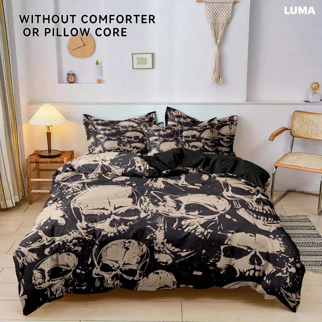 3-Piece Polyester Skull Print Bedding Set: Perfect for Bedroom or Guest Room. Soft and Comfortable with No Core Included (1x Duvet Cover + 2x Pillow Covers)
