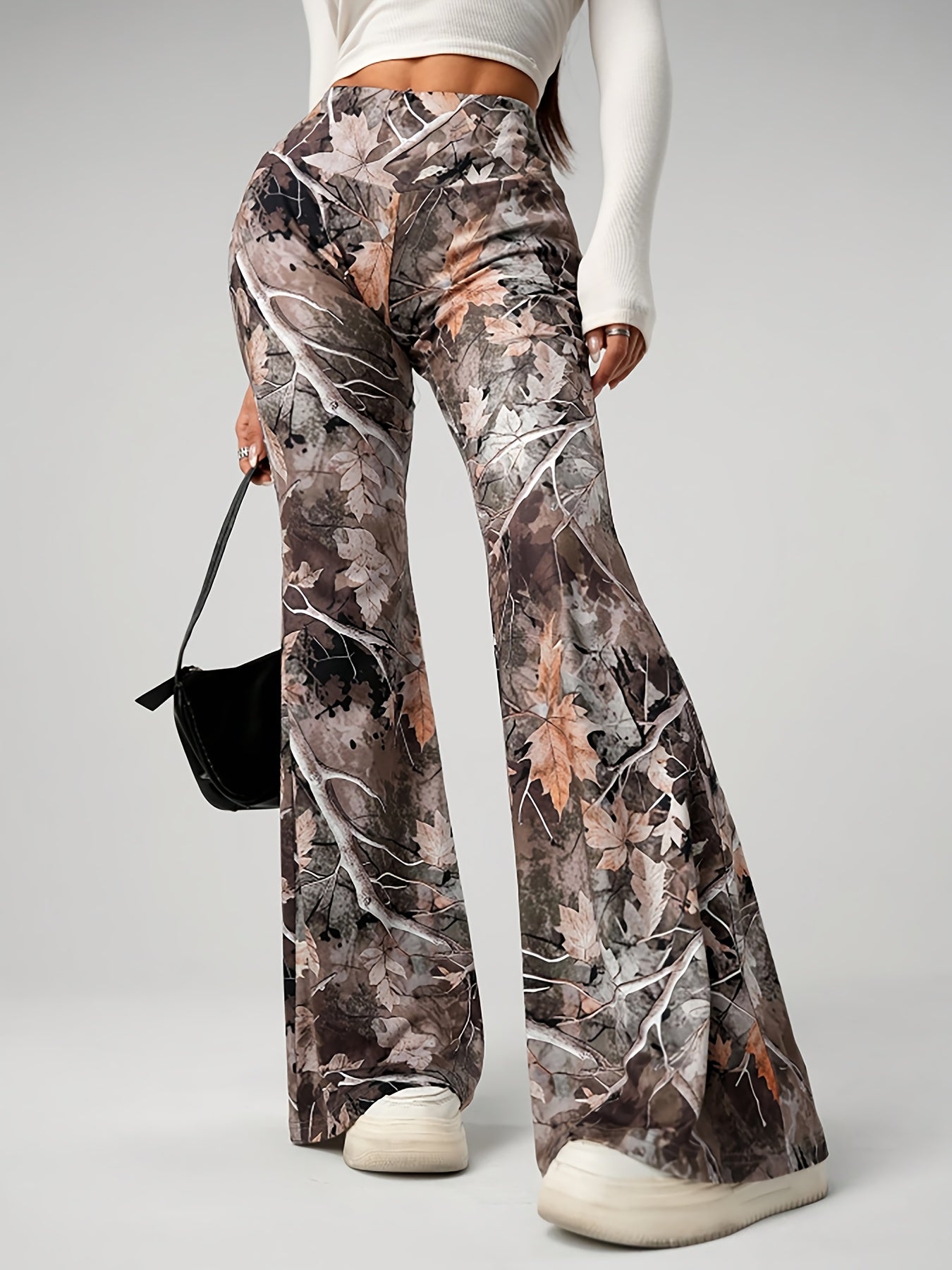 Women's High-Waisted Stretch Flared Pants - Y2K Camouflage Print with Autumn Leaves Design, All-Season Comfort & Machine Washable for Casual & Formal Outfits, Allseason Attire | Y2K Fashion | Chic Tailoring, Cute Pants