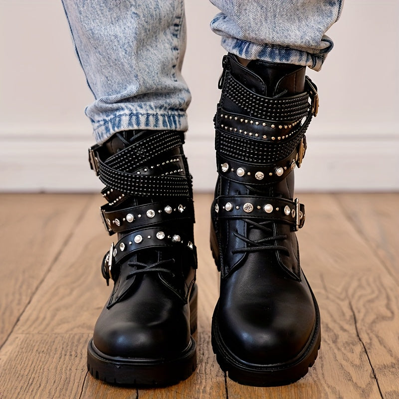 Women's Gothic Punk Motorcycle Boots - Lace-Up & Chain Zipper Closure, Thick Platform Sole with Metallic Studs, Chunky Mid-Heel, Faux Cover, All-Season Casual Ankle Boots (Black), Motorcycle Style Boots | Decorative Zipper Bo