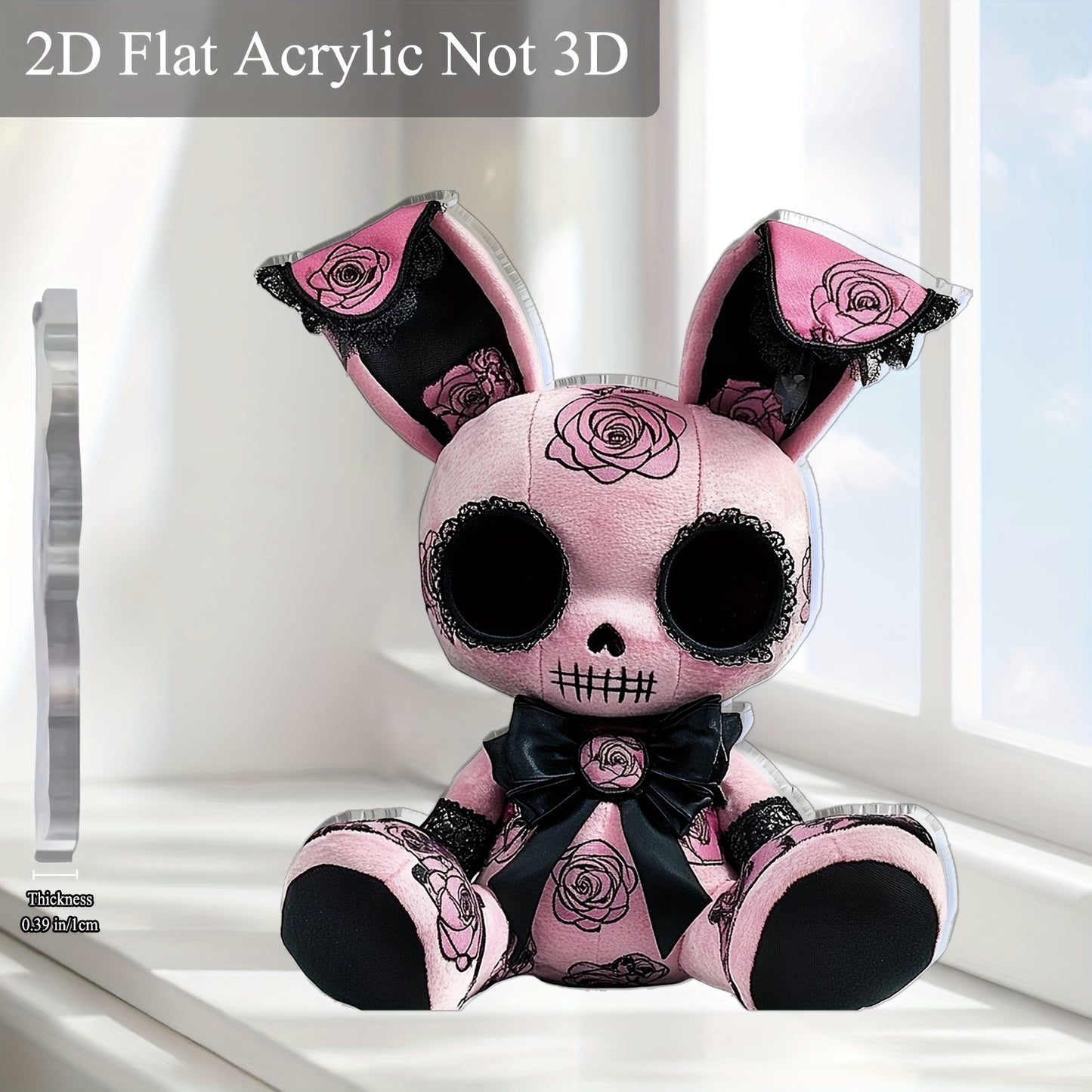 2D Flat, 1pc Gothic Style Bunny Plush Toy Acrylic Desktop Decor - Black & Pink with Rose Accents, 5.91" x 5.11", No Batteries Needed, Perfect for Office, Bar, Cafe, Valentine'S Day, Easter, or Gift for Friends, Cute Decor, Ba