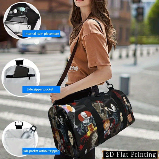 Large Capacity Travel Organizer Bag - Durable, Easy-to-Carry Luggage with 2D Flat Print Design for Sports & Airline Check-in, Multi-Functional Hand Washable or Dry Cleanable Storage Pouch Featuring Horror Movie Characters, 2D