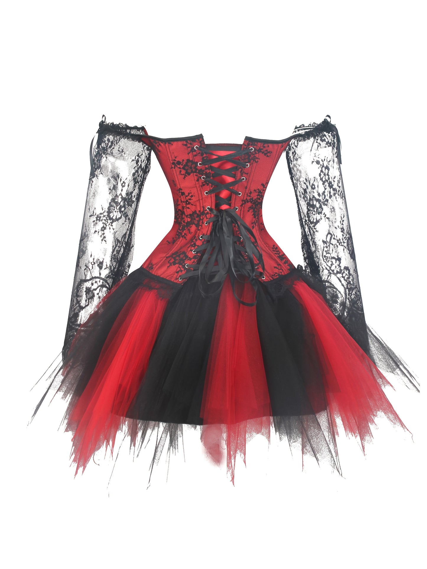 [Halloween Costume Set] Halloween Vampire Witch Costume Set, Dark Gothic Victorian Style Lace Long Sleeve Corset + Black Lolita Style TUTU Skirt, Day of the Dead Party Outfit