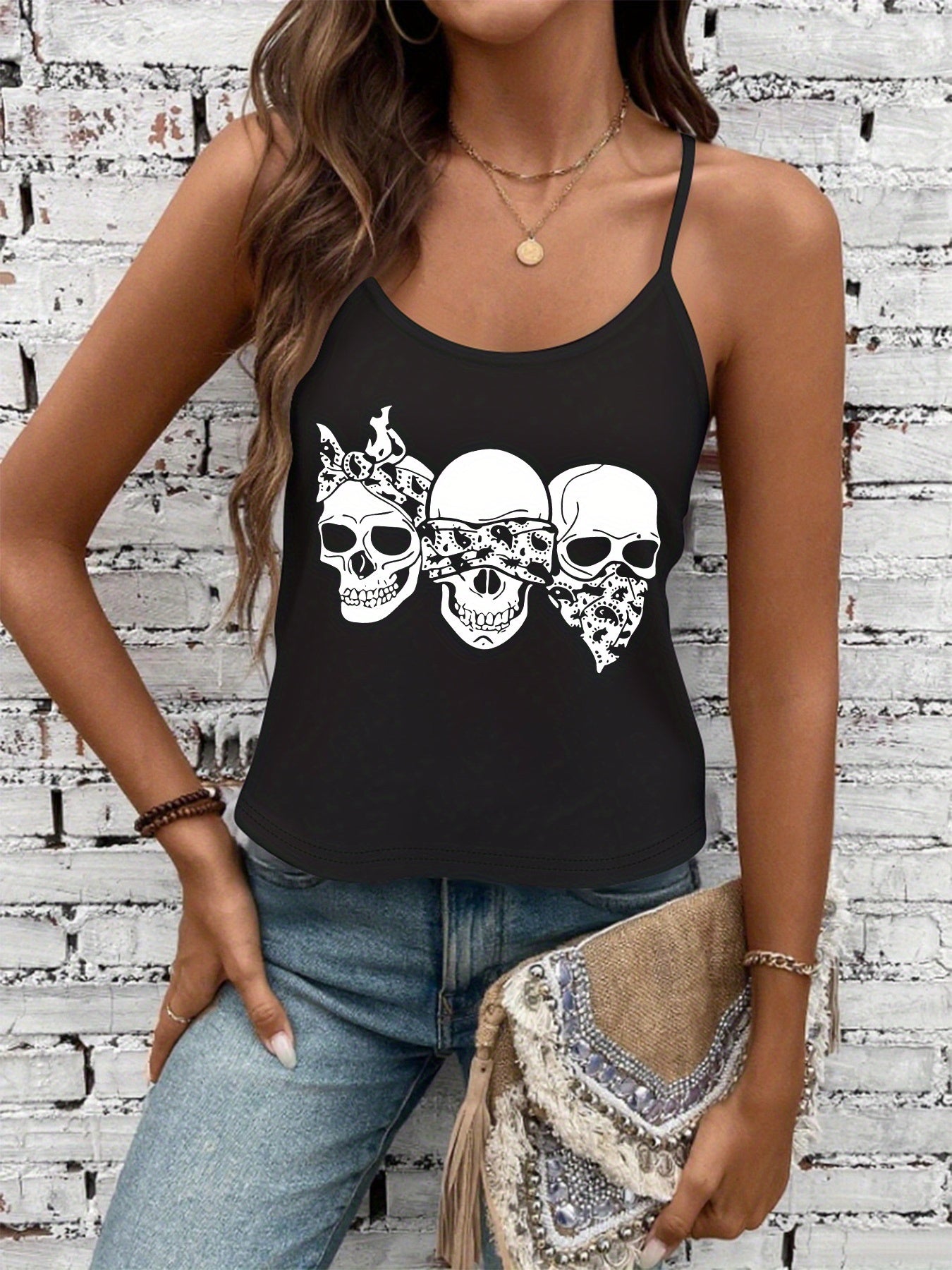 Women'S Sexy Gothic Graphic Tank Top - Sleeveless Shirt with Skulls, Edgy Streetwear Outfit for Concerts, Parties & Casual Attire - All-Season Fashion Statement Piece, Party Attire, Trendy Fashion, Comfortable Fit, Casual Wea