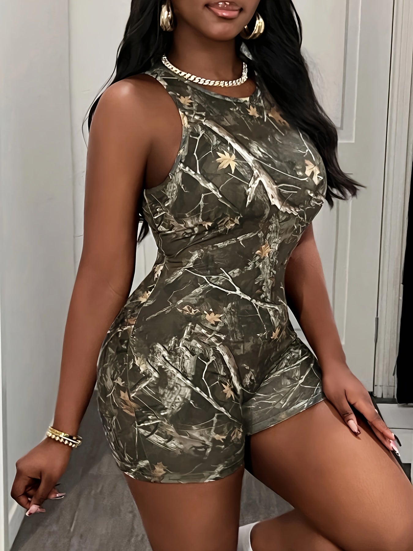 [Women's Jumpsuit] Women's Jumpsuit - Non-See-Through Outfit, Machine Washable, for Parties, Everyday & Formal Events - Spring/Fall/Summer Casual to Formal Attire, Party Attire, Natureinspired Print, Stretchy Fabric, Spring F