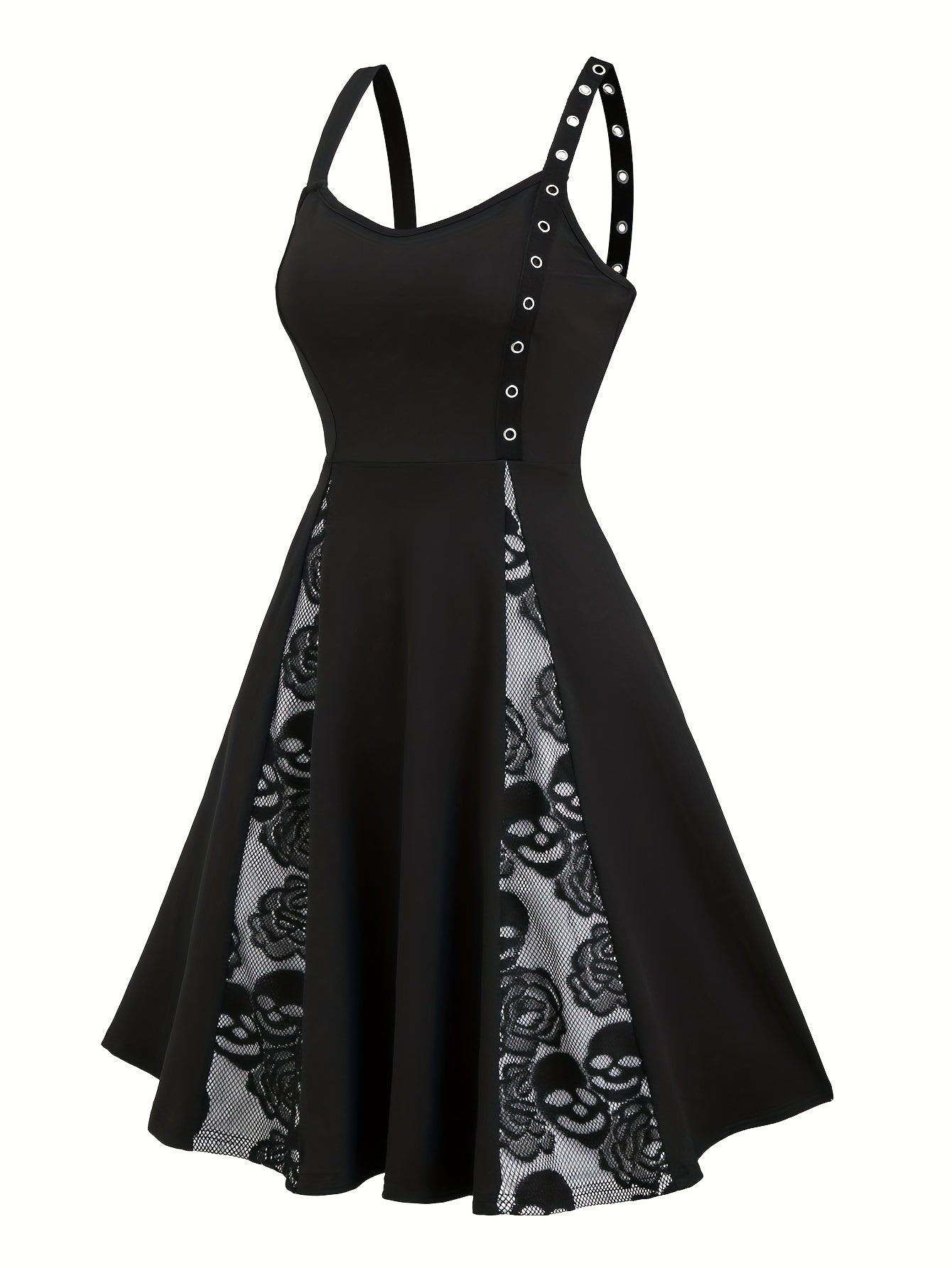 Elegant Off-Shoulder Black Dress with White Lace Panel & Skull Detail - Vintage-Inspired, Stretchy Polyester Blend, Machine Washable - Perfect for All Seasons