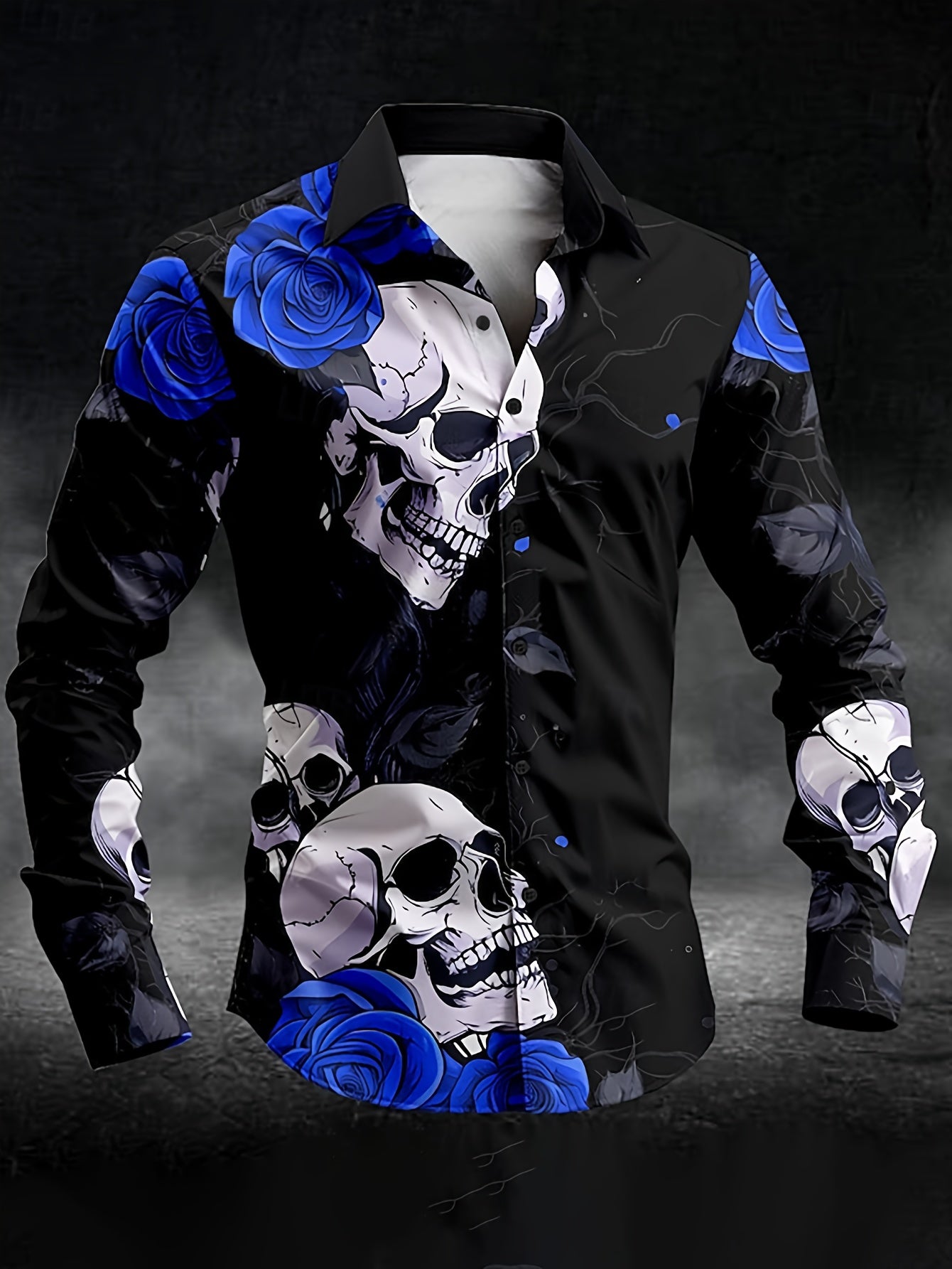 Men'S Gothic Skull & Rose Print Long Sleeve Shirt - Black with White & Blue Gothic Design, Pointed Collar Button Front, Machine Washable All-Season Casual & Formal Wear, Bold Statement Shirt for Themed Events, Parties, Everyd