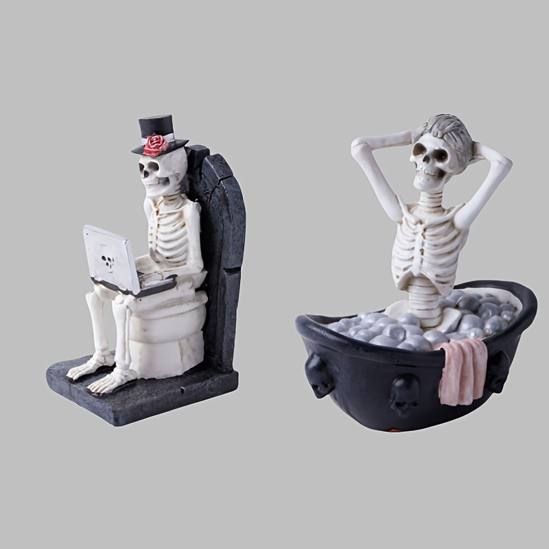 2pcs Gothic Resin Skull Girl & Skeleton Observer Figurines - Sitting & Standing Pose Decor with Black Dress, Glasses & Red Top Hat - Indoor/Outdoor Halloween, Christmas, Easter, Mummy's Tomb Party Decorations (Durable Resin O