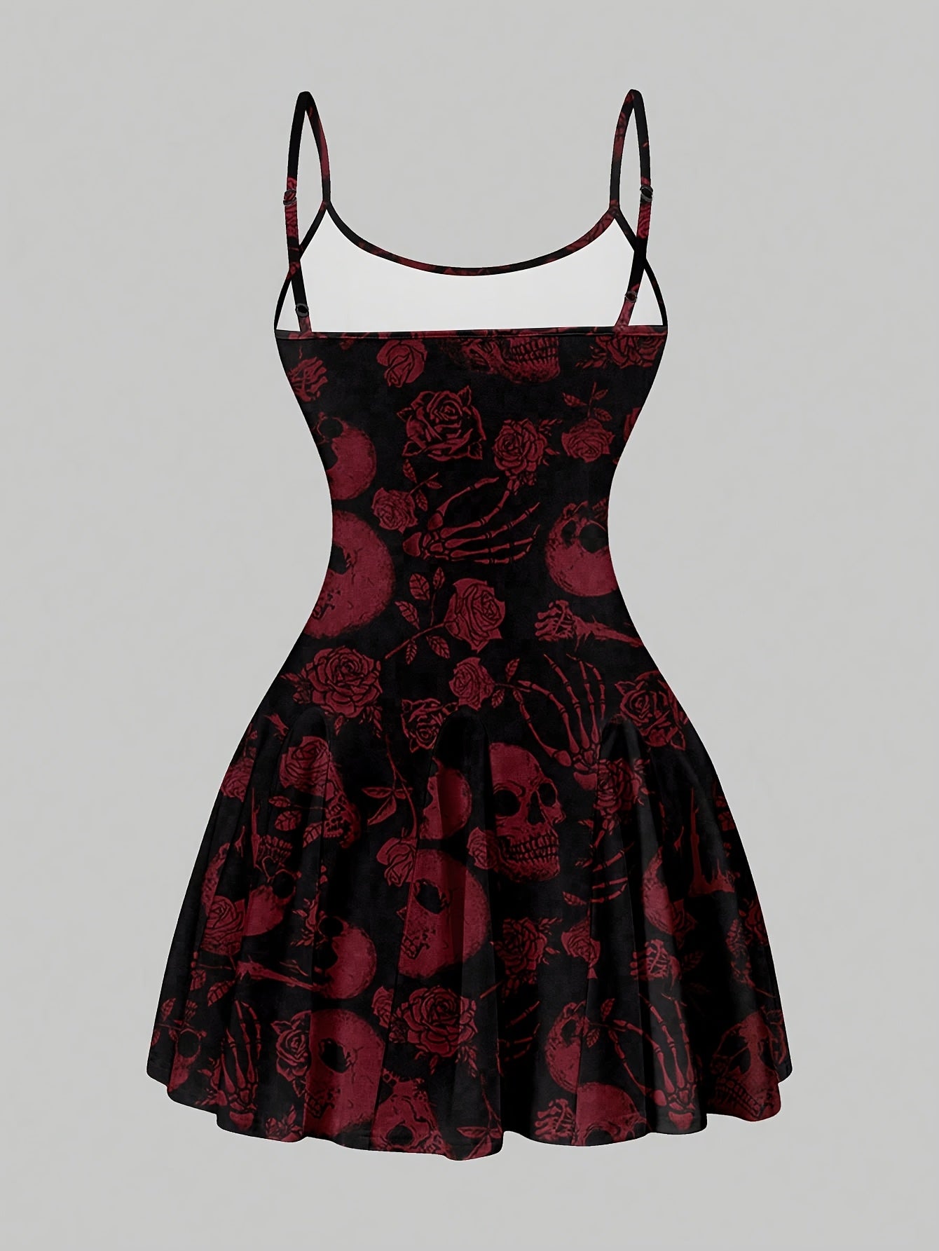 [Edgy Gothic Dress] Edgy Black Y2K Gothic Dress | Women's Stretchy Spaghetti Strap Fitted Top & Flowy Skirt, Deep Red Floral Skull Print, Machine Washable All-Season Party & Casual Outfit, Retro Dresses, Statement Piece, Comf