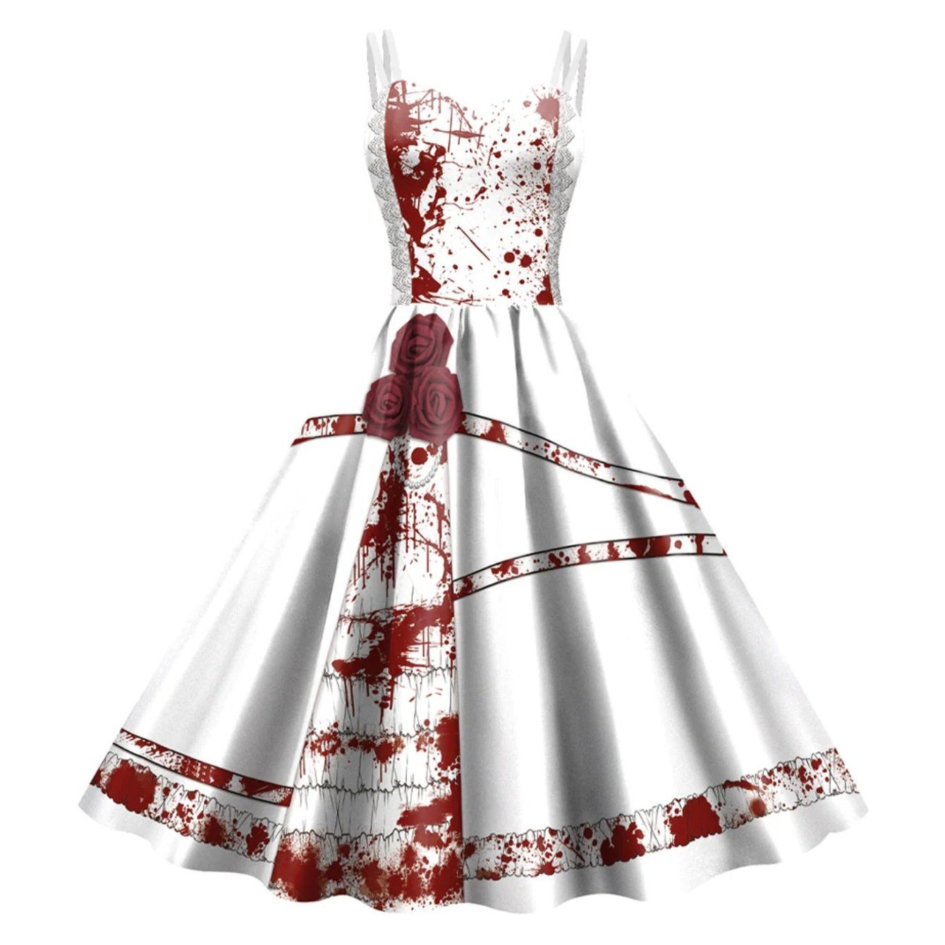 Women'S Gothic Victorian-Inspired Black & White Floral Print Suspender Dress Costume - Sleeveless A-Line Mid-Length with Ruffled Hem & V-Neck, Structured H-Line Silhouette for Halloween Carnival Party, Themed Events - Breatha