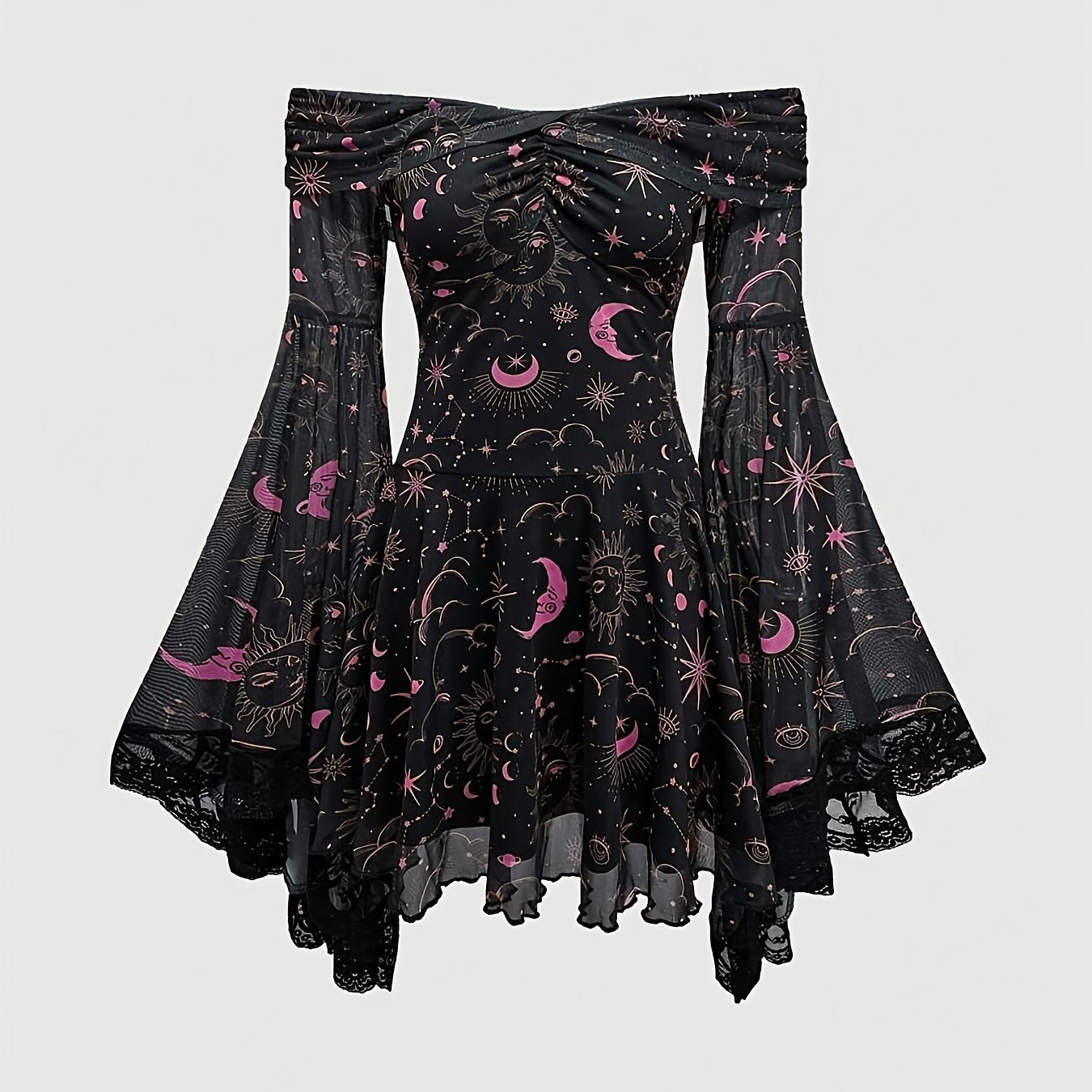 Plus Size Women's Elegant Off-Shoulder Dress with Sheer Lace Sleeves & Starry Night Print - A-Line Mid-Length Summer Dress, Machine Washable, Formal Evening Wear, Semitransparent Material, Stretchy Fabric Gown
