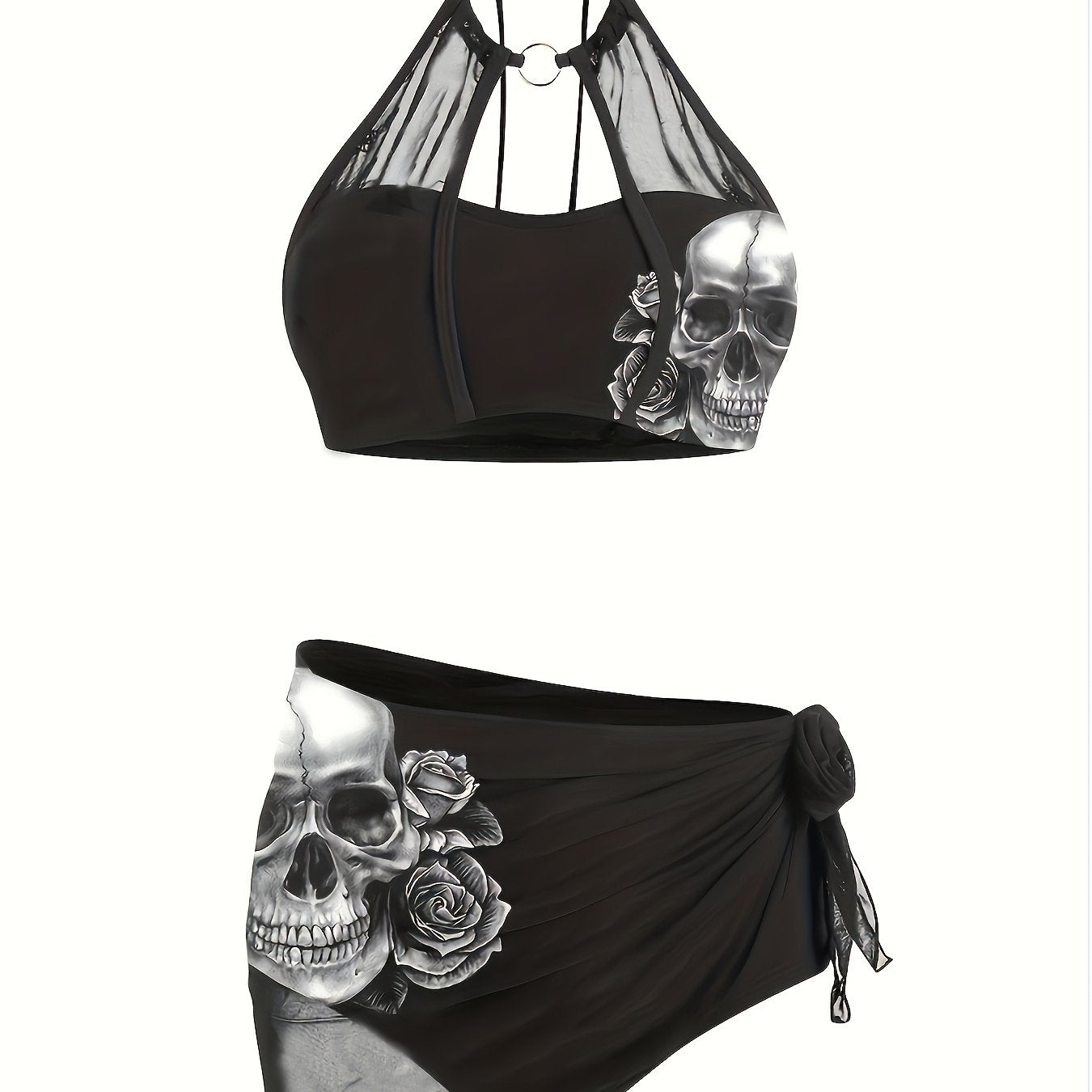 Rose Skull Print High Waist Bikini Set, Women'S Casual Knitted Mesh Hollow Swimsuit, Suitable For Vacation, Suitable For Sports Occasions, New Spring And Summer Swimsuit