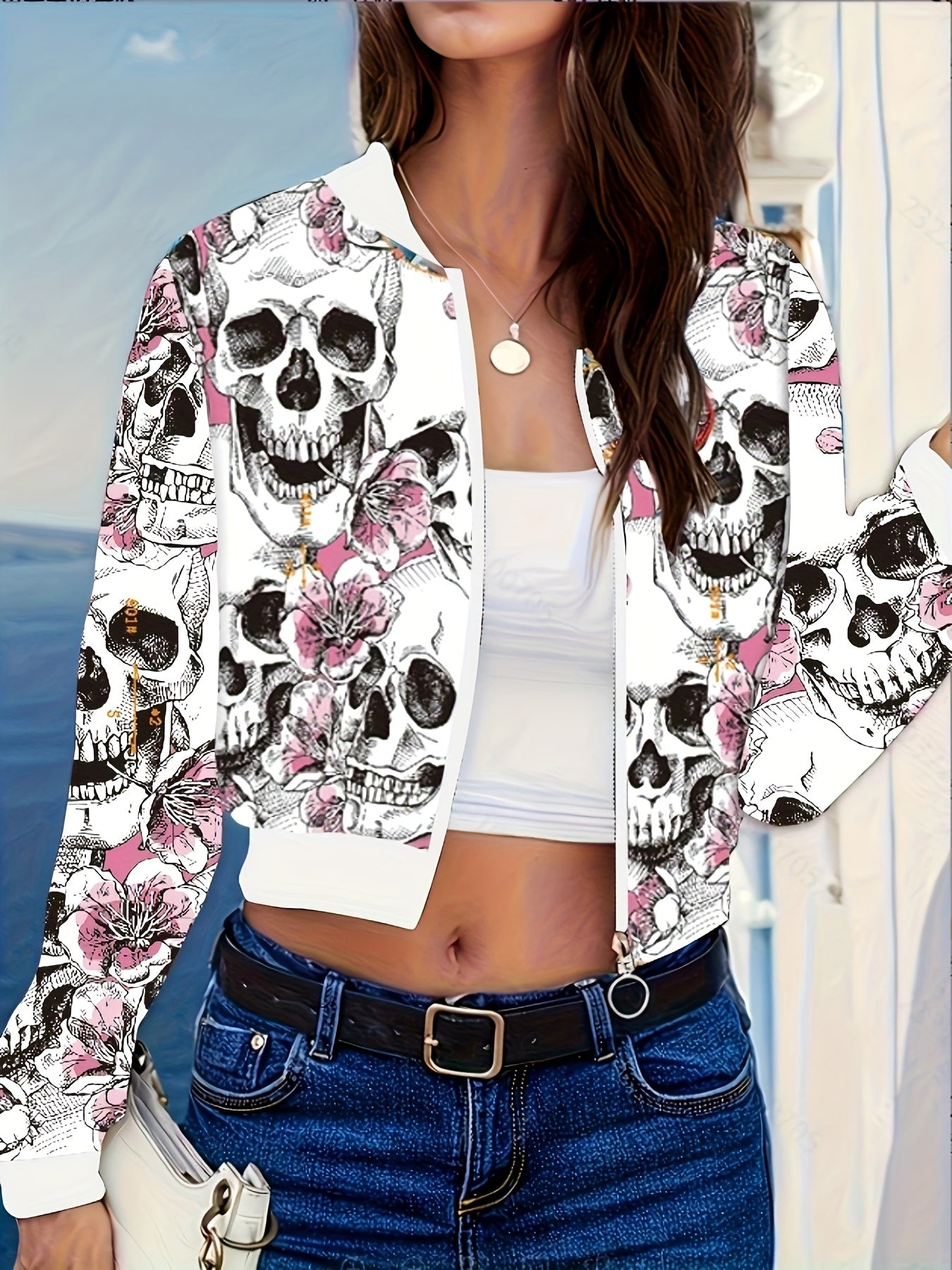 [Gothic Jacket] Women's Gothic Jacket - Black & Pink Skull Print Zipper Front Coat, Machine Washable Lightweight Outerwear for Halloween, Parties, Everyday Edgy Style - Non-Transparent Jacket, Halloween Clothes, Party Attire