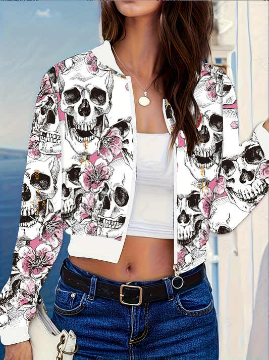 [Gothic Jacket] Women's Gothic Jacket - Black & Pink Skull Print Zipper Front Coat, Machine Washable Lightweight Outerwear for Halloween, Parties, Everyday Edgy Style - Non-Transparent Jacket, Halloween Clothes, Party Attire