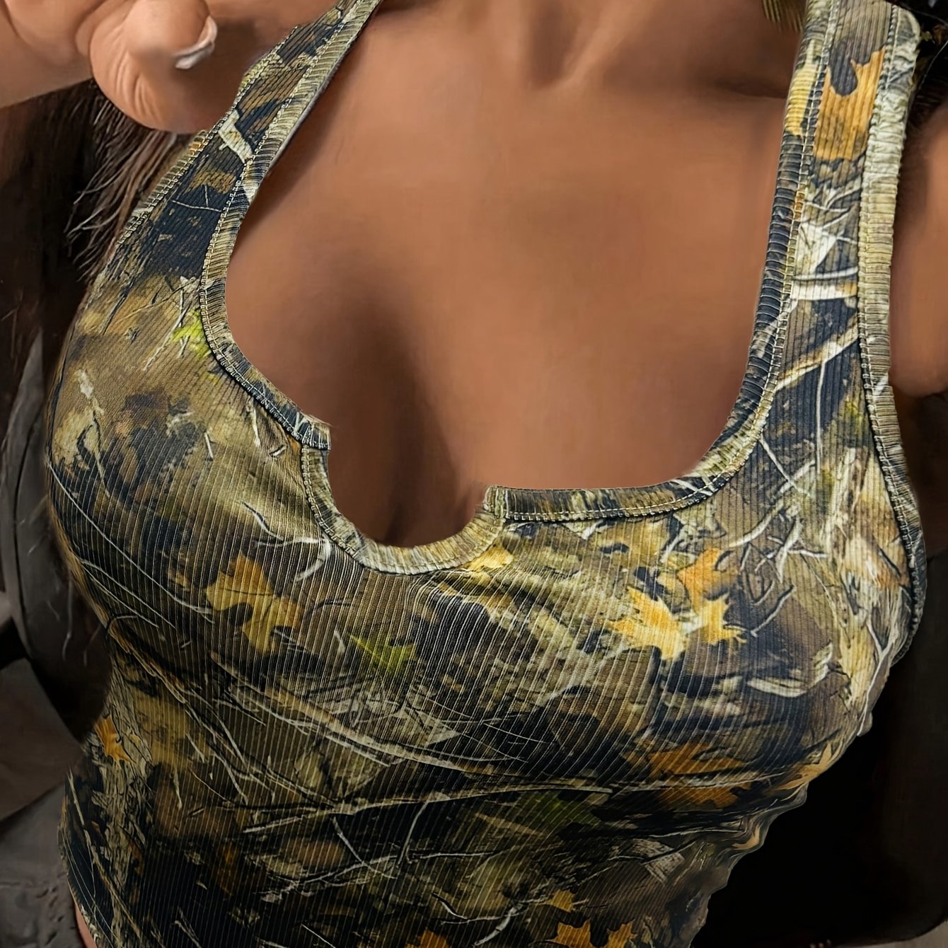 Women'S Camouflage Print Sleeveless Tank Top - Deep V-Neck Ribbed, Stretchy & Breathable Summer Casual Wear, Sleeveless Top|Camouflage Pattern Top|Stretchy Fabric