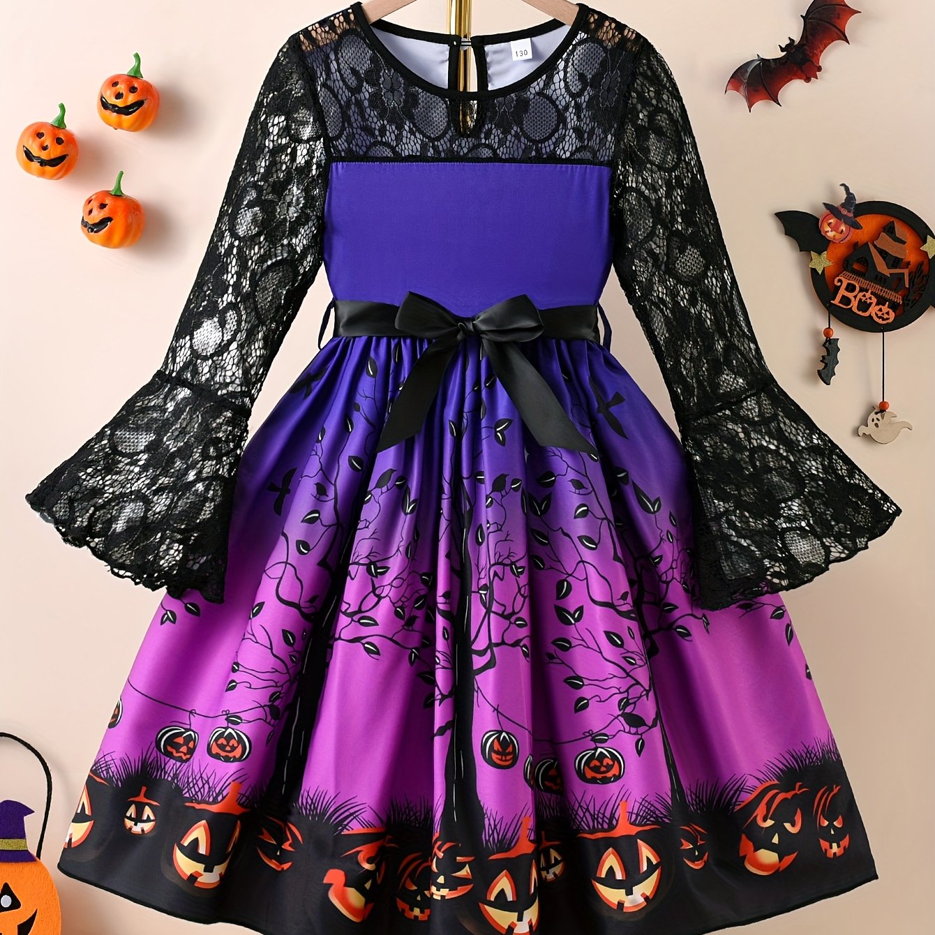 Girls' Autumn New Halloween Element Print Spliced Lace Long Sleeve + Drawstring Fashion Dress - The Best Choice for Halloween Gifts for Girls