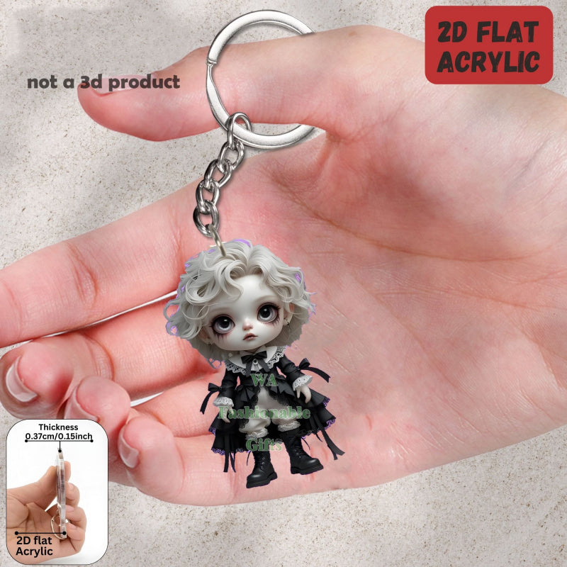 2D Flat, 1pc or 6pcs Gothic Horror Doll Keychain - Cute Gothic with Expressive Eyes, Flat 2D Flat Design with Black Hair & White Face Paint - Compatible with Backpacks, Cars, Phones, Keys - Spooky Accessory for Halloween, Chr