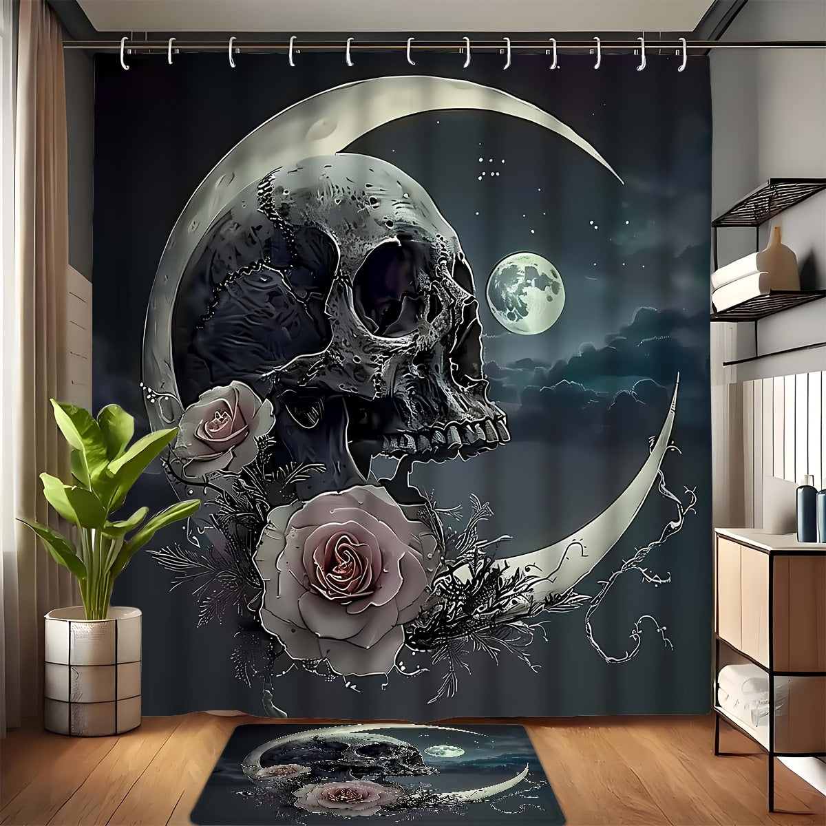 1/4pcs Creative Skull and Moon Bathroom Set, Full Set, Non-Slip Bath Mat, U-shaped Carpet, Toilet Mat, High Quality Shower Curtain with 12 Durable Hooks, Exquisite Bathroom Decorations and Accessories, Suitable for All Styles