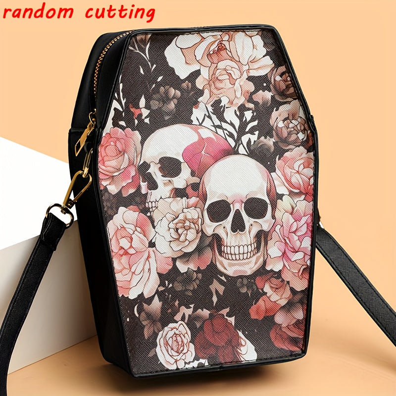 MINI Halloween Skeleton Coffin Women's Crossbody Bag, Thriller Horror Square Purse Black Punk Style Shoulder Handbag for Spooky Party Evening Event Cell Phone Pouch Lipstick Makeup Cosmetic Daily Street Shopping Movie Fan Gif