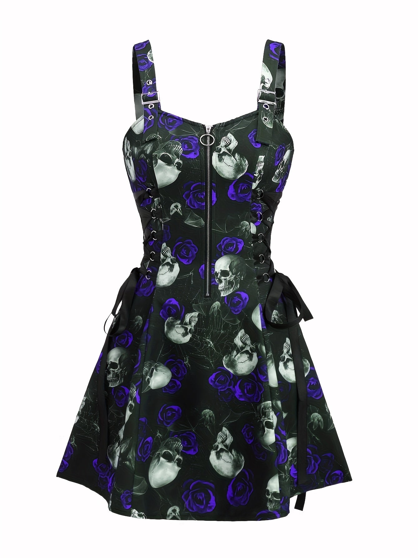 [Gothic Rose Midi Dress] Elegant Halloween Women's Gothic Rose Print Midi Dress | Casual Sleeveless A-Line Skirt with Back Zipper and Corset Detail, Black with White Floral Pattern