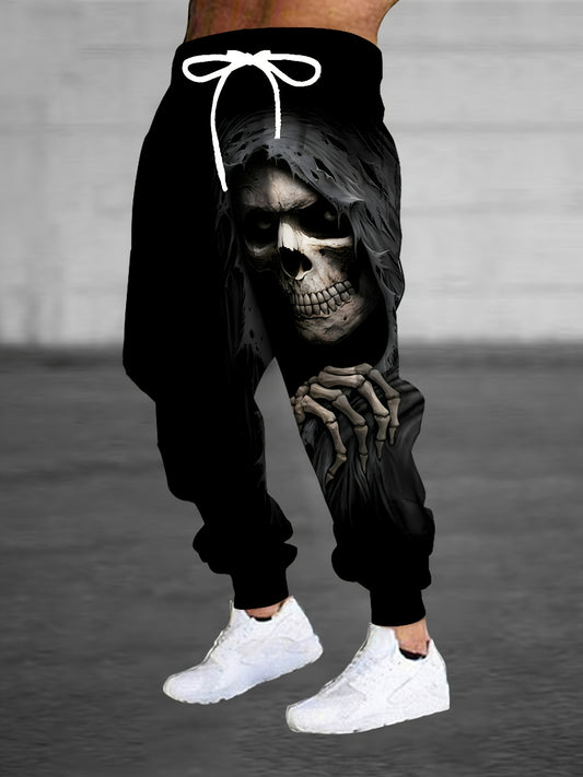 Men's 3D Halloween Skull Print Joggers - Full-Length Skeleton Graphic Casual Pants with Drawstring Waist & Pockets, Machine Washable Regular Fit Novelty Streetwear, Casual Attire, Edgy Style, Comfortable Fabric, Trend Followe