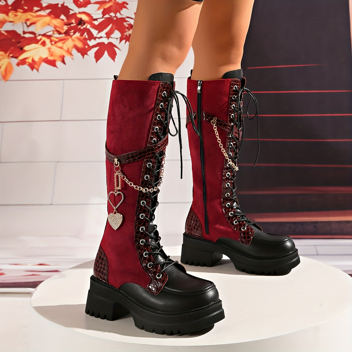 Women's Winter New Solid Color Patchwork Lace-Up Heart Metal Chain Side Zipper Chunky Heel Knee-High Boots, Fashionable Versatile Casual High-Heeled Ankle Boot