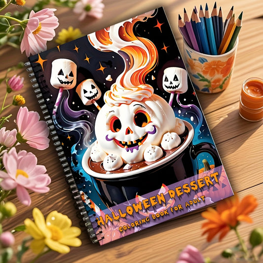 Gothic Halloween Coloring Book for Adults - Spooky Desserts with Twisted Designs, Twin-Wire Bound, No-Bleed Heavyweight Paper - Halloween Party Decorations, Gothic Art Relax Gift - Eyeball Cupcakes, Poison Apples, Witch Hat C