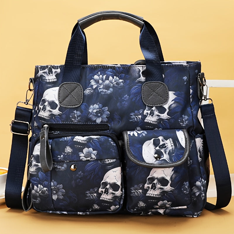 Perfect Lily Women's Punk Style Skull & Floral Print Crossbody Tote Bag - Red/Blue Nylon Multi-Pocket Handbag with Detachable Adjustable Shoulder Strap, Zipper Closure & Polyester Lining for Daily Commute, Work, Casual Outing