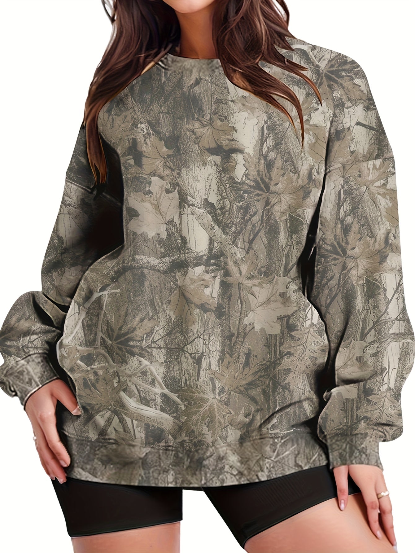 Women'S Oversized Camo Sweatshirt - Long Sleeve, Loose Fit, Green & Black Leaf Pattern, Casual Pullover with Ribbed Cuffs, All-Season Comfort, Casual Wear | Relaxed Fit Top | Construction, Sweater Hoodie