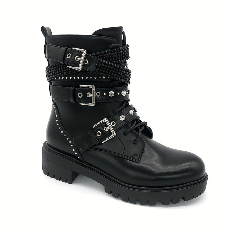 Women's Gothic Punk Motorcycle Boots - Lace-Up & Chain Zipper Closure, Thick Platform Sole with Metallic Studs, Chunky Mid-Heel, Faux Cover, All-Season Casual Ankle Boots (Black), Motorcycle Style Boots | Decorative Zipper Bo