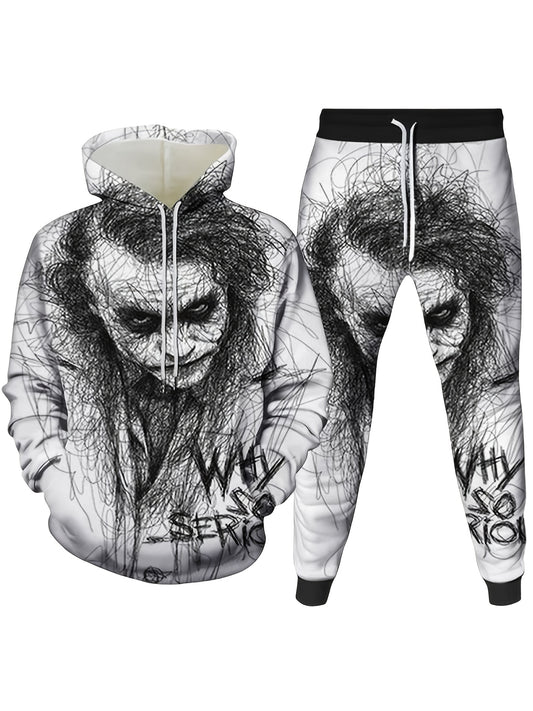 2pcs Set Men'S Halloween Costume Set - Full-Body Character Print Hooded Sweatsuit with Matching Pants, Edgy Gothic Style Long Sleeve Outfit for Parties, Regular Fit Two-Piece Ensemble for Men (Youth & Adult), Men' Tracksuit S