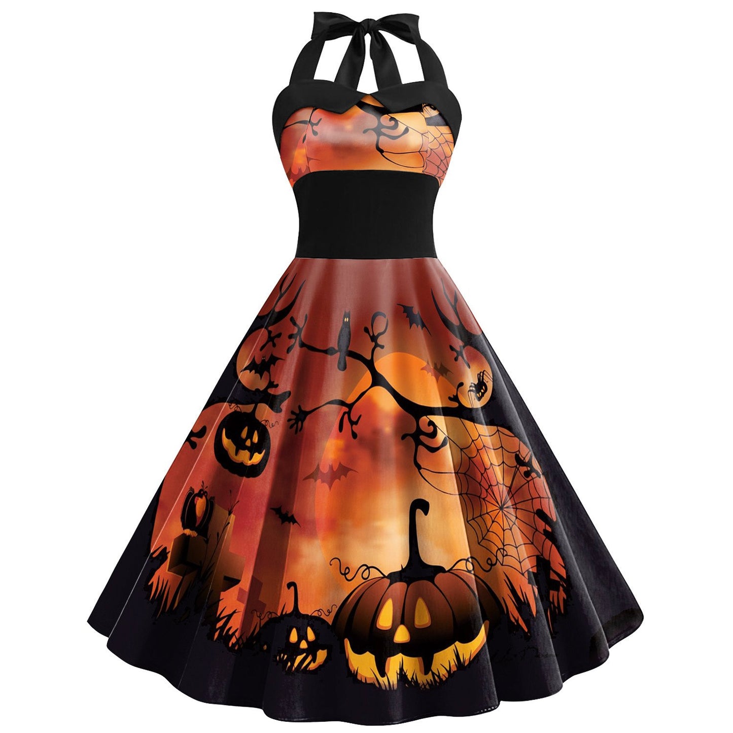 Women'S Retro Gothic Halloween Dress with Skull & Spider Web Print - Asymmetrical Short Sleeve High Waist Party Costume, & Orange Sleeveless Outfit with Shoulder Straps & Ruffled Hem for Themed Events, Year-Round Wear (Adult