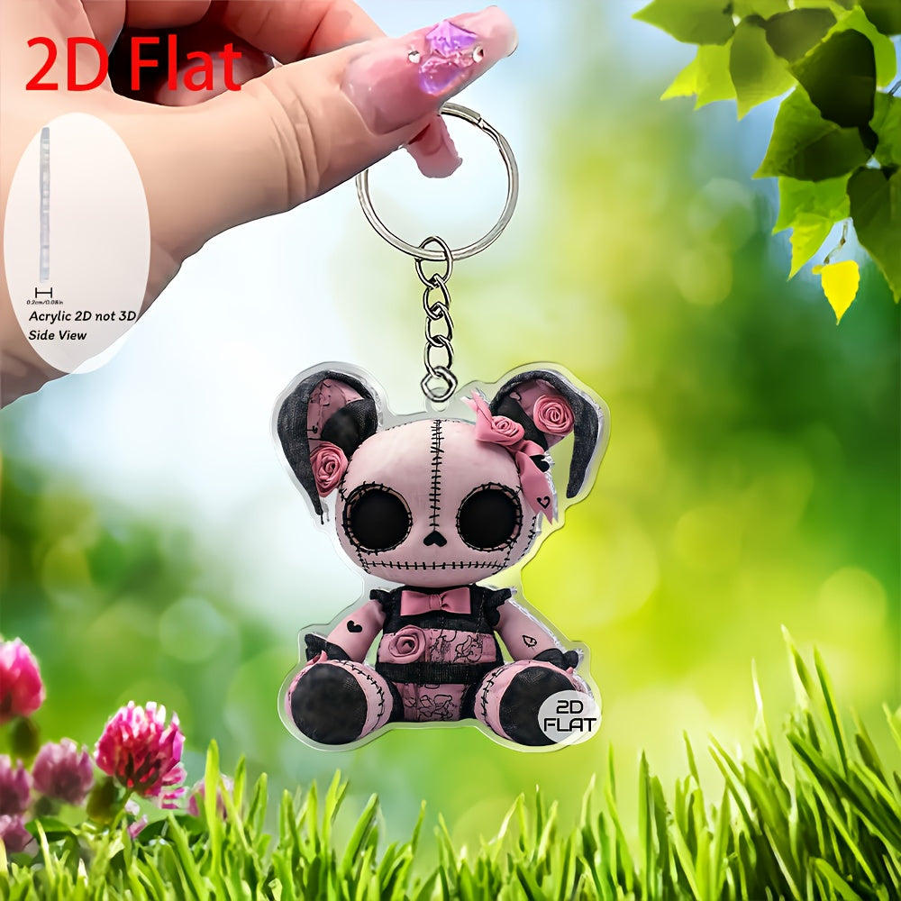 2D Flat, 1pc Gothic Plush Bear Keychain - Pink & Black Gothic Charm with White Eyes, Nose & Mouth - Cute Bag Accessory, Birthday/Valentine's Gift for Girls, Women, Kawaii Collectors - Soft Plush Pendant with Black & White Str