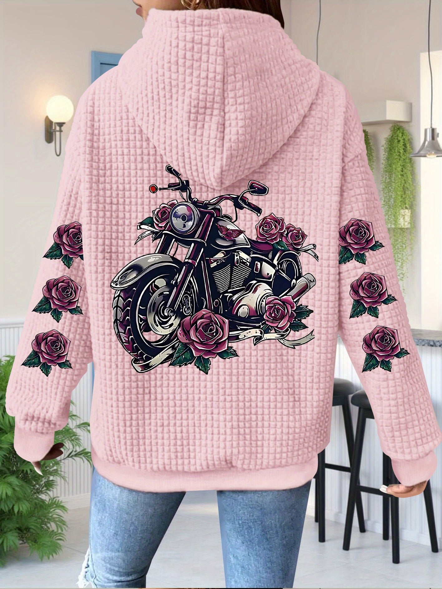[Floral Motorcycle Hoodie] Polyester Women's Motorcycle & Rose Graphic Zip-Up Hoodie - Black with Pink Floral Accents, Full-Zip Closure Hooded Sweatshirt, Machine Washable Pullover for Everyday & Themed Events, Motorcycle Gea