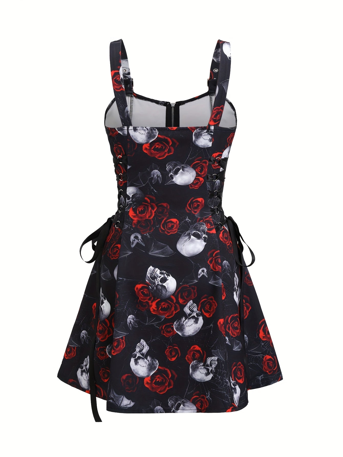 [Gothic Rose Midi Dress] Elegant Halloween Women's Gothic Rose Print Midi Dress | Casual Sleeveless A-Line Skirt with Back Zipper and Corset Detail, Black with White Floral Pattern