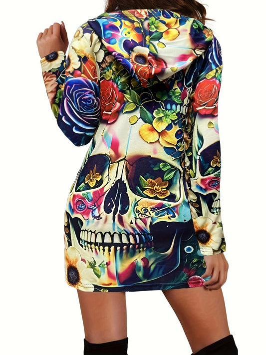 1pc Women'S Colorful Skull Hoodie Dress, Casual Polyester Knit with Slight Stretch, Long Sleeve Hooded Pullover with Pockets, All Over Print Loose Fit, Fall/Winter Fashion