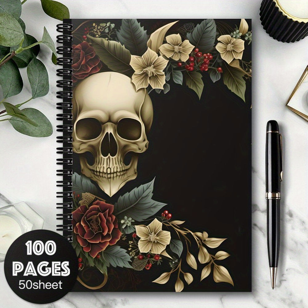 [Gothic Spiral Notebook] Gothic Spiral Notebook Journal - 1pc Witchy Office Supplies, 100 Pages, Black with Floral Skull Design, Perfect for Travel, Daily Writing, and Gothic Mystical Notes, Ideal Gift for Teen Girls, Skeleto